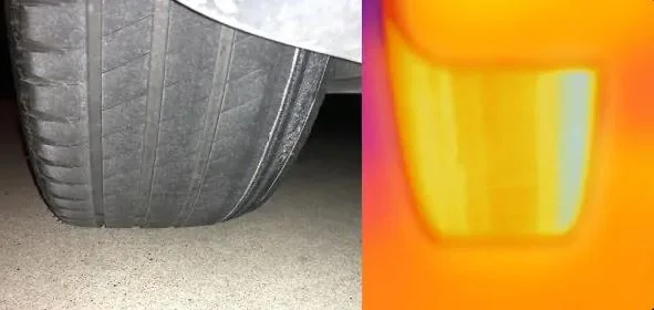 Tire worn on the inner edge next to a thermal camera image showing even tread contact after the alignment correction