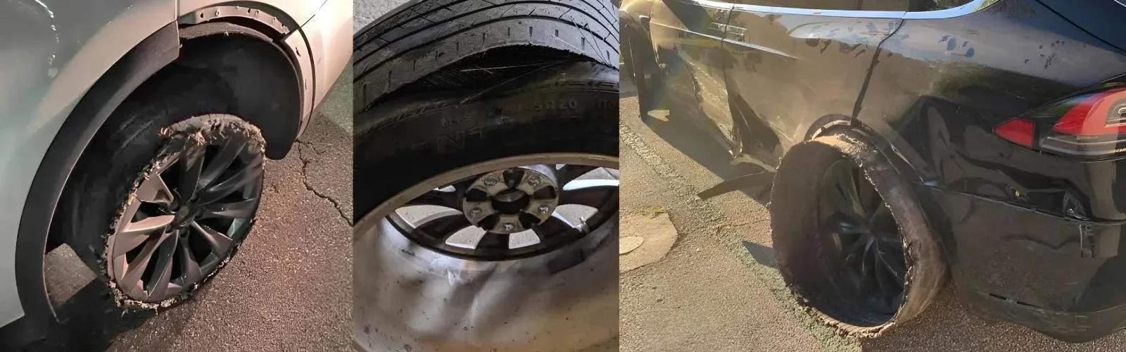 Tesla tire destroyed by inner-edge wear: shredded sidewall, ruptured tread, and a Model X with a separated tire and body damage
